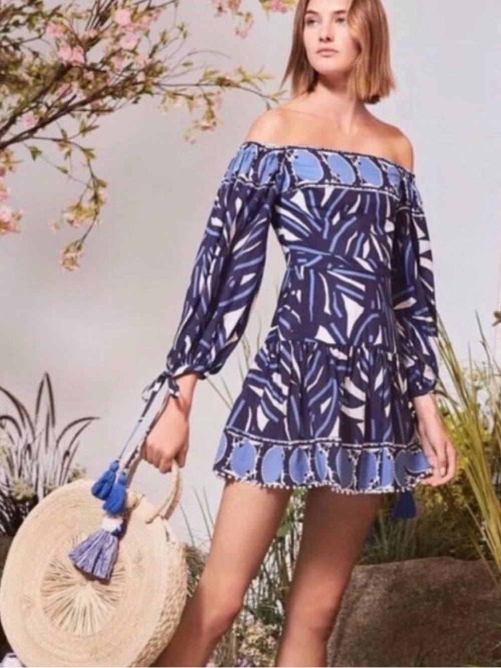 Alexis Laila Blue White Off the Shoulder Tassel Mini Dress | XS